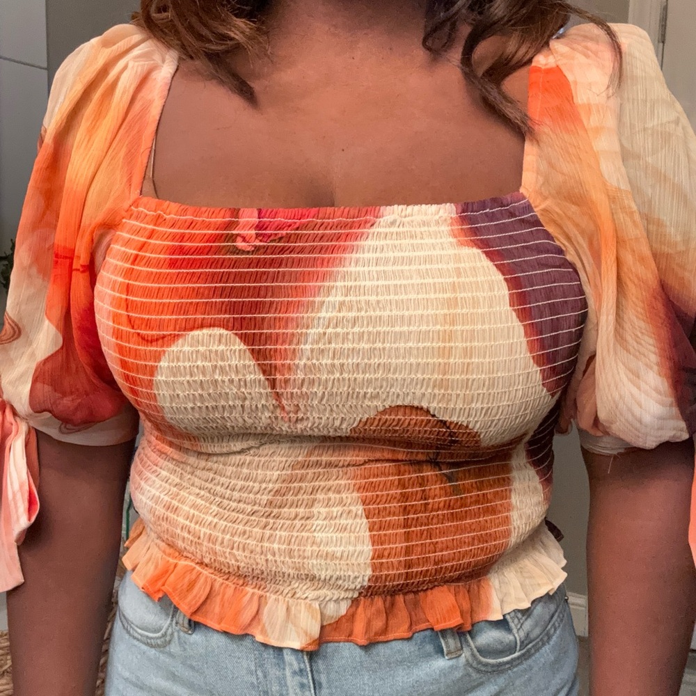 Express Orange and Purple Smocked Top